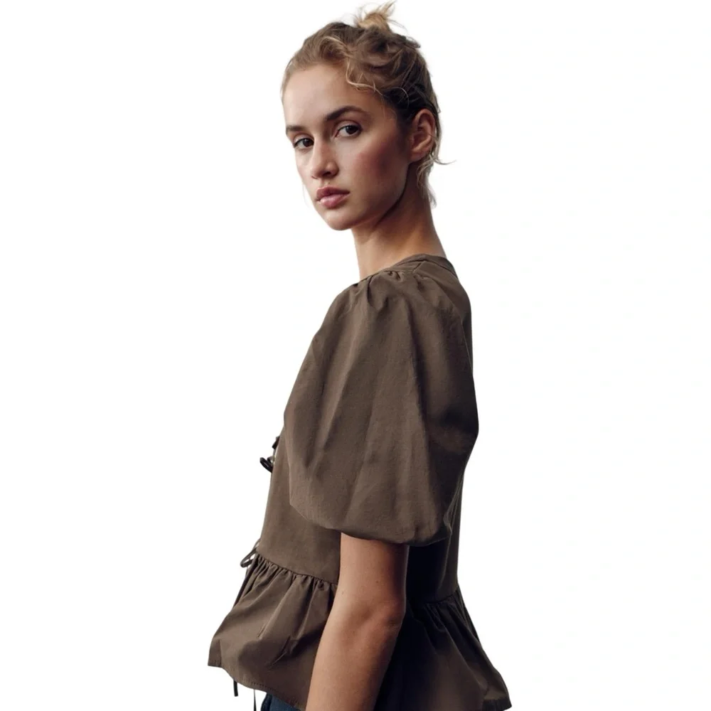 Zara Brown Tie Oversized Puff Sleeve Peplum Top NWT Costal Cowgirl Boho Feminine - Picture 3 of 10
